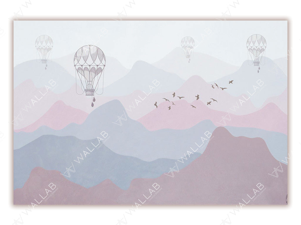 A serene mountain landscape in soft pastel hues, with hot air balloons floating in the misty sky and a flock of birds flying across the horizon. The minimalistic design exudes a peaceful and dreamy atmosphere.