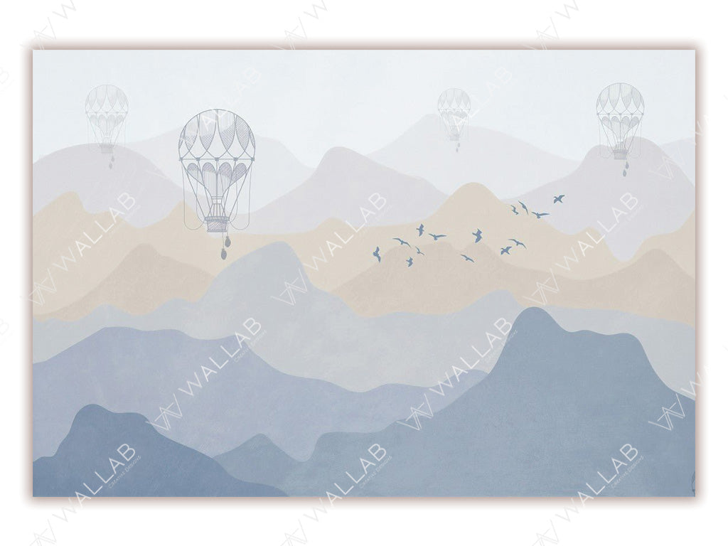 A serene mountain landscape in soft pastel hues, with hot air balloons floating in the misty sky and a flock of birds flying across the horizon. The minimalistic design exudes a peaceful and dreamy atmosphere.