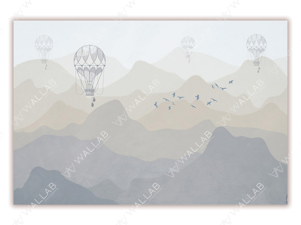 A serene mountain landscape in soft pastel hues, with hot air balloons floating in the misty sky and a flock of birds flying across the horizon. The minimalistic design exudes a peaceful and dreamy atmosphere.