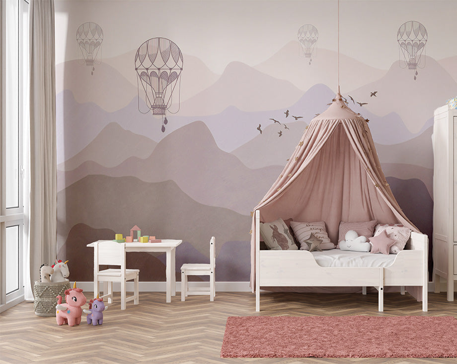 A serene mountain landscape in soft pastel hues, with hot air balloons floating in the misty sky and a flock of birds flying across the horizon. The minimalistic design exudes a peaceful and dreamy atmosphere.