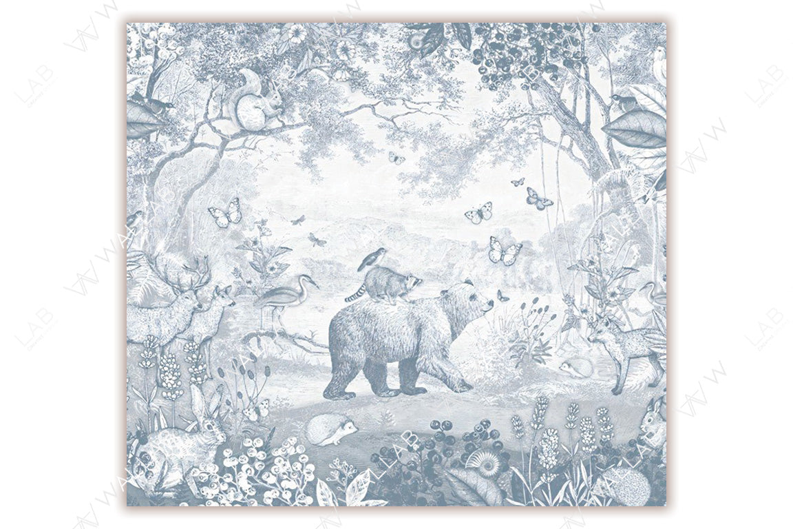 A monochrome illustration of a lush jungle scene, filled with detailed depictions of animals such as bears, deer, raccoons, squirrels, and birds. The composition also includes butterflies, trees, and foliage, all rendered in a soft tone, evoking a vintage and serene aesthetic. 