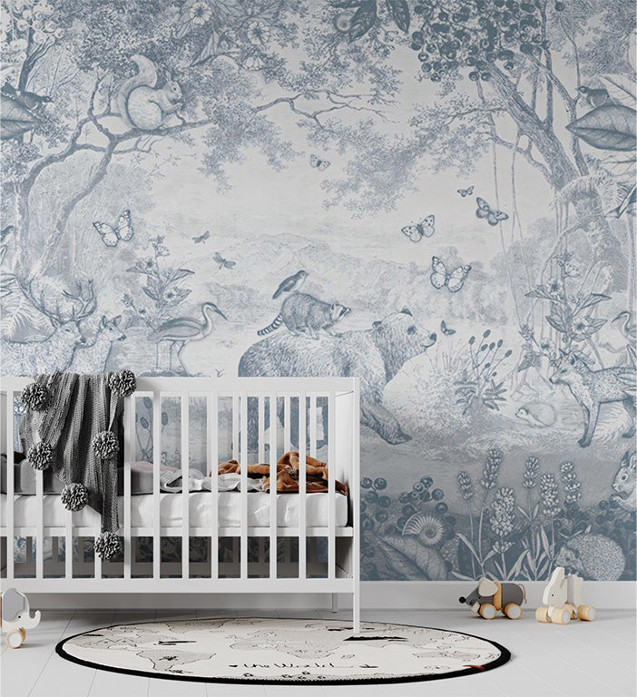 A monochrome illustration of a lush jungle scene, filled with detailed depictions of animals such as bears, deer, raccoons, squirrels, and birds. The composition also includes butterflies, trees, and foliage, all rendered in a soft tone, evoking a vintage and serene aesthetic. 