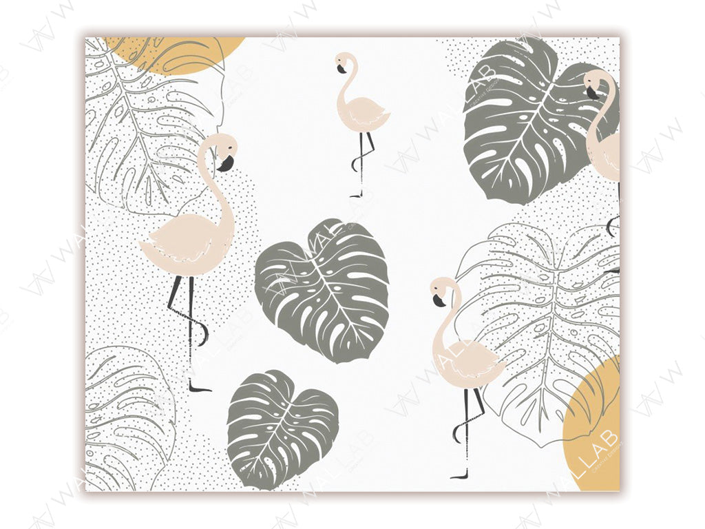 This whimsical design features soft pink flamingos standing gracefully amidst large monstera leaves and delicate dotted patterns. The muted color palette of cream, sage green, and pastel yellow adds a modern, minimalistic aesthetic. Perfect for tropical or nature-inspired decor themes.
