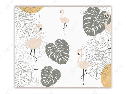 This whimsical design features soft pink flamingos standing gracefully amidst large monstera leaves and delicate dotted patterns. The muted color palette of cream, sage green, and pastel yellow adds a modern, minimalistic aesthetic. Perfect for tropical or nature-inspired decor themes.