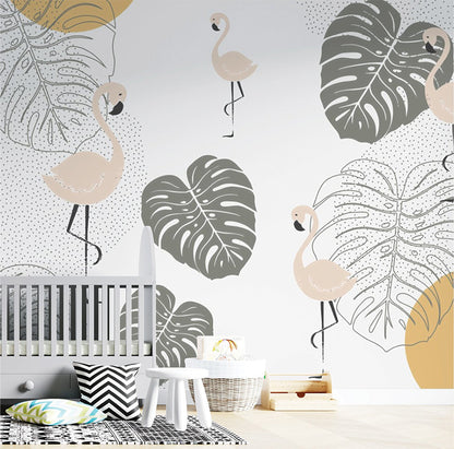 This whimsical design features soft pink flamingos standing gracefully amidst large monstera leaves and delicate dotted patterns. The muted color palette of cream, sage green, and pastel yellow adds a modern, minimalistic aesthetic. Perfect for tropical or nature-inspired decor themes.