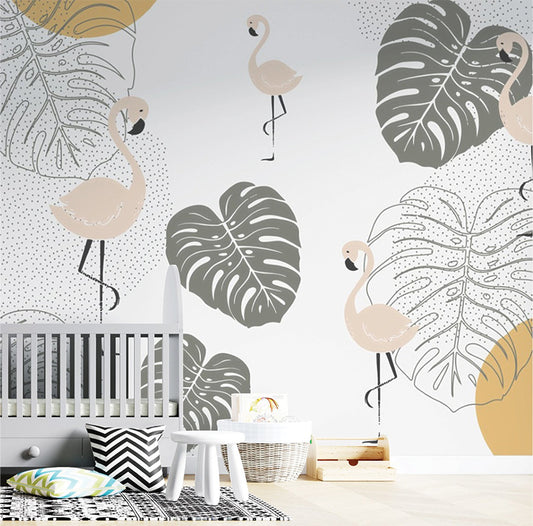 This whimsical design features soft pink flamingos standing gracefully amidst large monstera leaves and delicate dotted patterns. The muted color palette of cream, sage green, and pastel yellow adds a modern, minimalistic aesthetic. Perfect for tropical or nature-inspired decor themes.