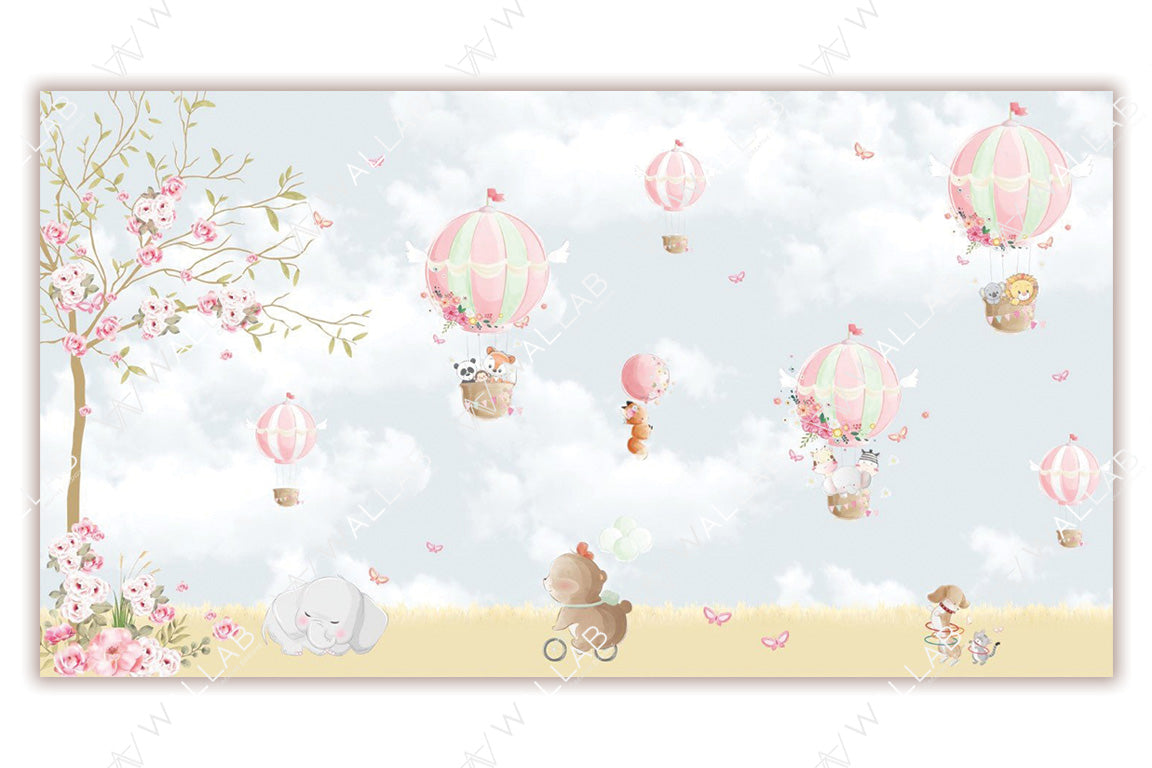 This delightful scene features pastel-colored hot air balloons floating in a soft sky with clouds, butterflies, and floral accents. Animals like pandas, foxes, and lions enjoy the ride in the balloons, while a bear cycles below and an elephant rests peacefully on the grass. A blooming tree on the left adds a touch of charm to this whimsical and serene illustration, ideal for children's decor or storytelling.
