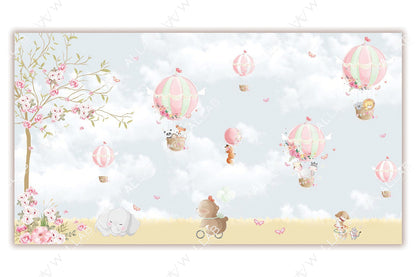 This delightful scene features pastel-colored hot air balloons floating in a soft sky with clouds, butterflies, and floral accents. Animals like pandas, foxes, and lions enjoy the ride in the balloons, while a bear cycles below and an elephant rests peacefully on the grass. A blooming tree on the left adds a touch of charm to this whimsical and serene illustration, ideal for children's decor or storytelling.