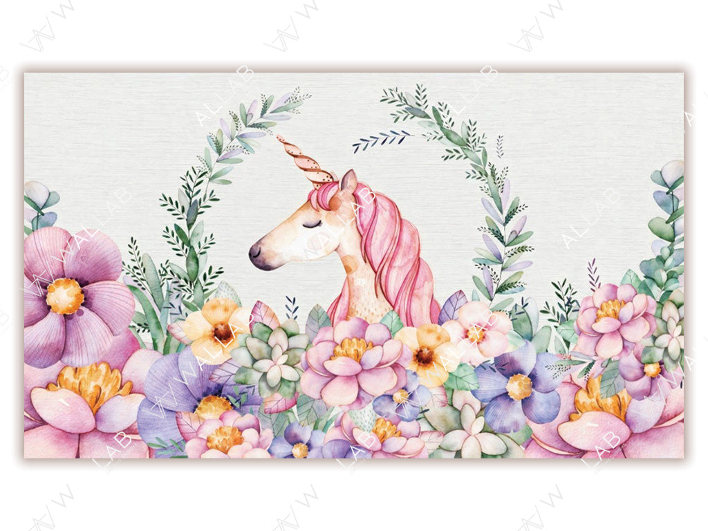 This enchanting illustration features a serene unicorn with a pink mane and golden horn surrounded by lush, colorful flowers and leafy greenery. The delicate watercolor effect adds a whimsical and magical charm to the scene.