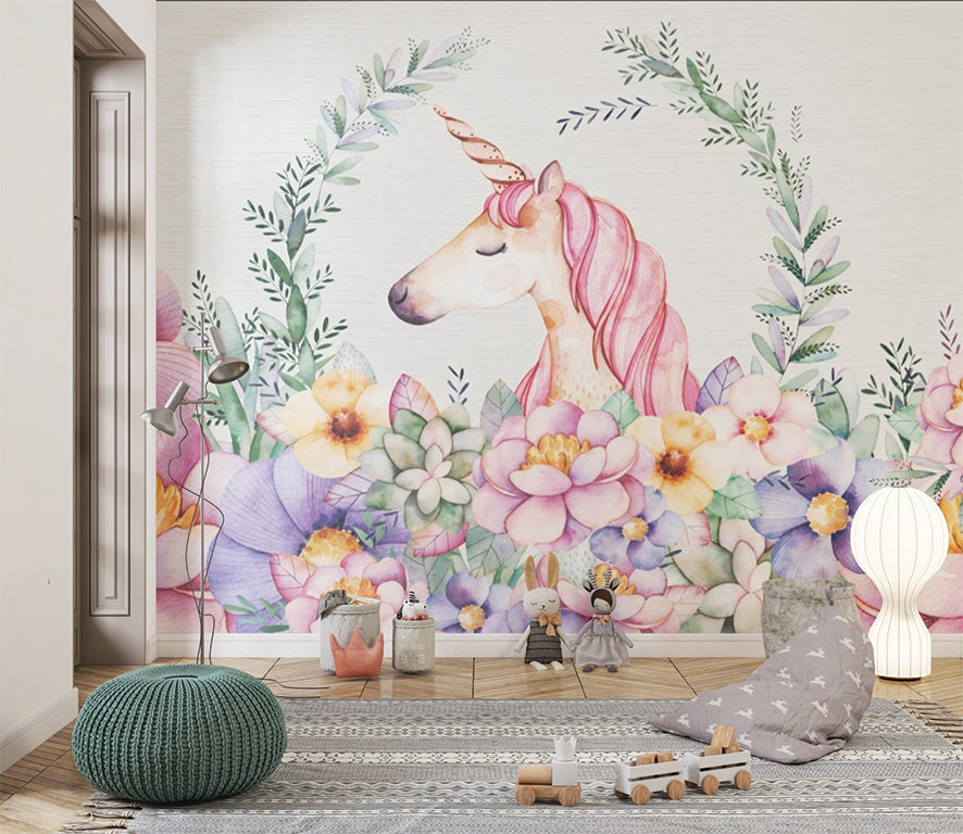 This enchanting illustration features a serene unicorn with a pink mane and golden horn surrounded by lush, colorful flowers and leafy greenery. The delicate watercolor effect adds a whimsical and magical charm to the scene.