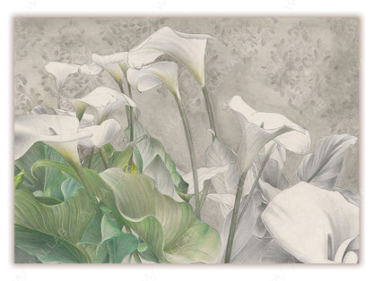 A sophisticated wallpaper mural featuring elegant white calla lilies with lush green leaves set against a textured gray background with subtle floral patterns. The design combines botanical beauty with a classic backdrop, perfect for adding a refined and tranquil atmosphere to any room.