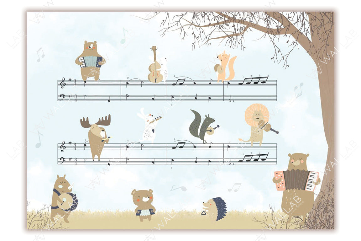 Charming illustration featuring various woodland animals playing musical instruments against a soft pastel background with musical notes floating in the air. The scene exudes whimsy and creativity, perfect for children's educational content or music-themed decor