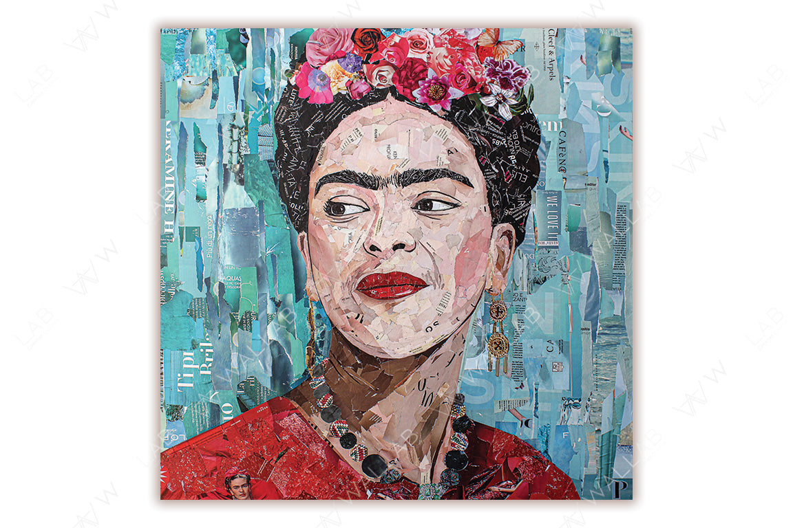 A vibrant collage-style portrait featuring a figure adorned with flowers in their hair and dressed in a red garment. The background is composed of layered teal and blue tones with text fragments and textures, creating a dynamic and artistic composition. The bold colors and intricate details highlight a sense of individuality and cultural richness, making it a striking piece of art.