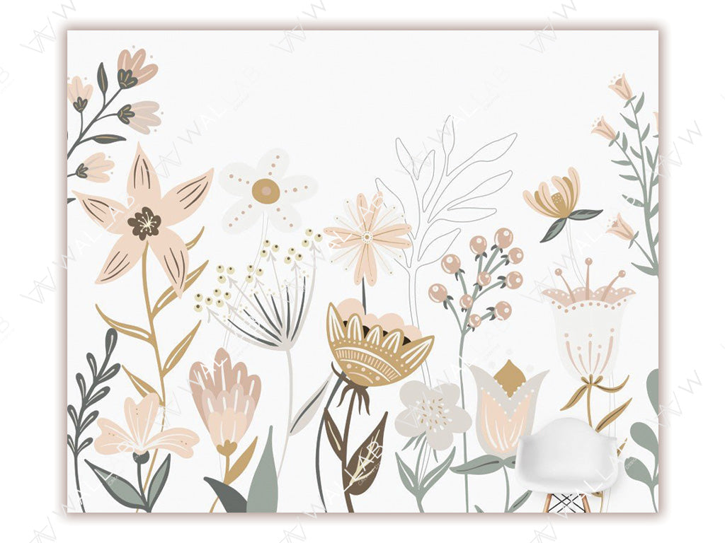 This illustration features an array of delicate, hand-drawn floral designs in soft, neutral tones of beige, gold, and cream. The whimsical flowers and leaves are arranged against a clean white background, creating a modern, minimalist aesthetic perfect for decor.
