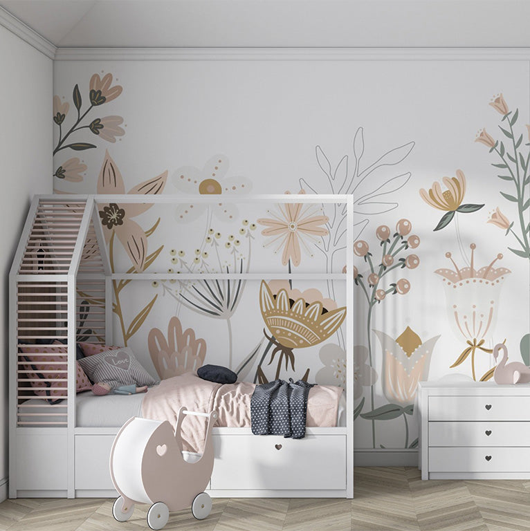 This illustration features an array of delicate, hand-drawn floral designs in soft, neutral tones of beige, gold, and cream. The whimsical flowers and leaves are arranged against a clean white background, creating a modern, minimalist aesthetic perfect for decor.