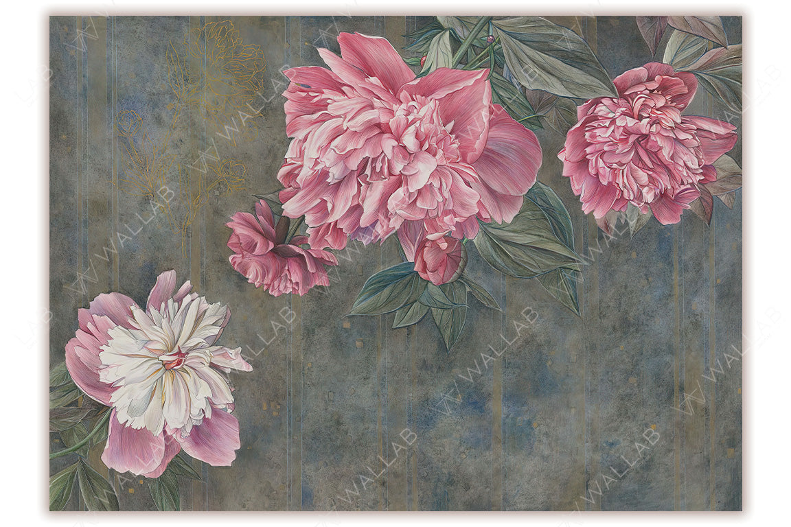 a lush floral composition with large, detailed pink peonies and green leaves against a textured deep blue background. Subtle golden linework and floral accents in the backdrop add an elegant, vintage touch to the design. The vibrant blooms and sophisticated color palette create a striking yet harmonious aesthetic, ideal for refined decor or artwork.