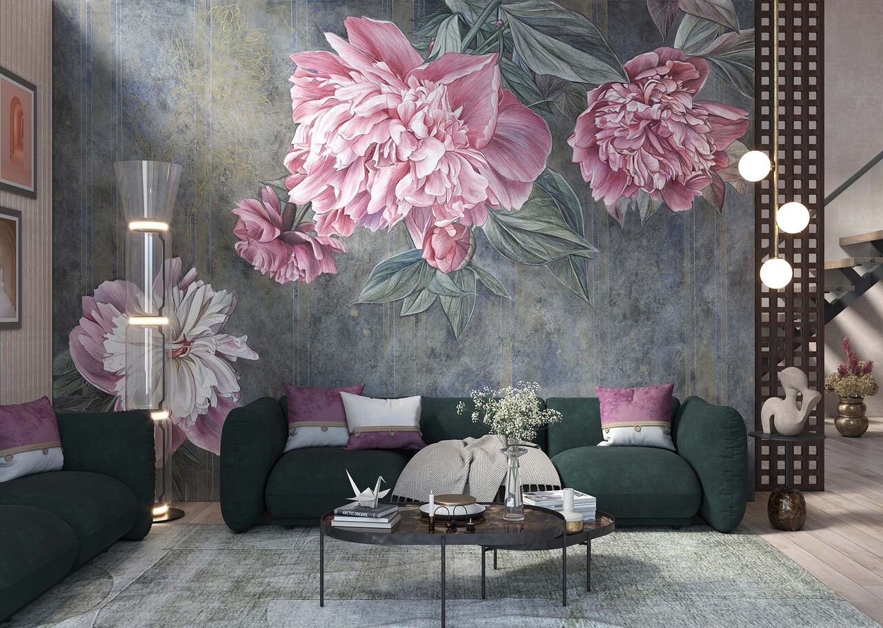 a lush floral composition with large, detailed pink peonies and green leaves against a textured deep blue background. Subtle golden linework and floral accents in the backdrop add an elegant, vintage touch to the design. The vibrant blooms and sophisticated color palette create a striking yet harmonious aesthetic, ideal for refined decor or artwork.