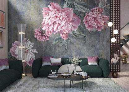 a lush floral composition with large, detailed pink peonies and green leaves against a textured deep blue background. Subtle golden linework and floral accents in the backdrop add an elegant, vintage touch to the design. The vibrant blooms and sophisticated color palette create a striking yet harmonious aesthetic, ideal for refined decor or artwork.