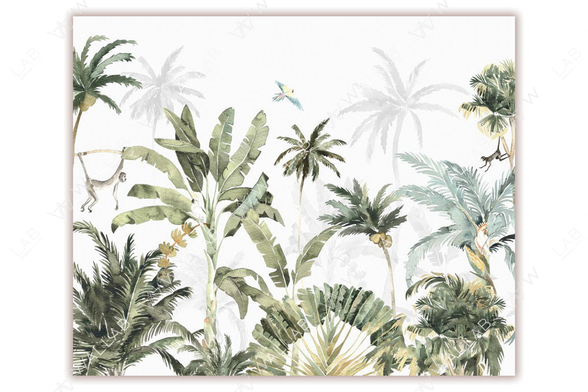 A lush jungle-themed illustration featuring tall tropical plants and trees, including palms and banana leaves. A monkey swings playfully on a vine, while a parrot glides above, adding life to the vibrant greenery. The soft background silhouettes of more foliage enhance the depth and atmosphere of the design.