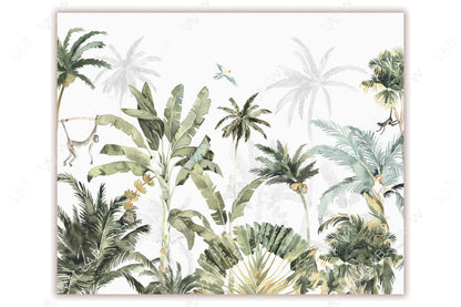 A lush jungle-themed illustration featuring tall tropical plants and trees, including palms and banana leaves. A monkey swings playfully on a vine, while a parrot glides above, adding life to the vibrant greenery. The soft background silhouettes of more foliage enhance the depth and atmosphere of the design.
