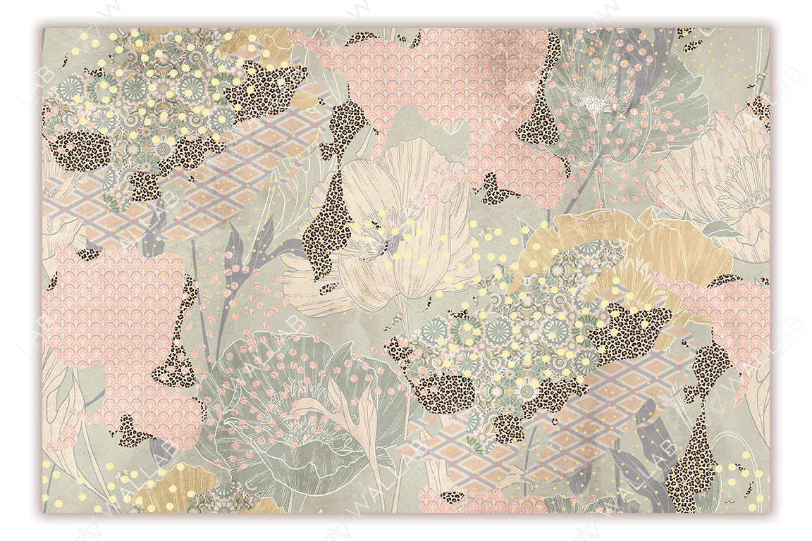 A whimsical and intricate floral composition with layered patterns, including blooming flowers, delicate leaves, and geometric motifs like scallops and diamond grids. The color palette blends soft pastels with muted greens and occasional pops of black and gold for contrast.