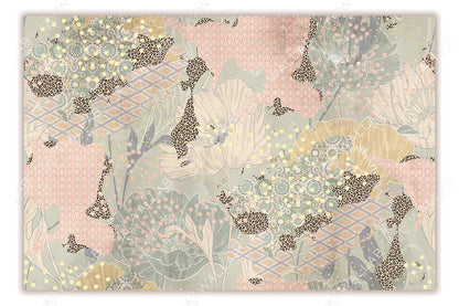 A whimsical and intricate floral composition with layered patterns, including blooming flowers, delicate leaves, and geometric motifs like scallops and diamond grids. The color palette blends soft pastels with muted greens and occasional pops of black and gold for contrast.