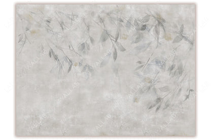 A delicate, soft watercolor mural featuring subtle leaves and branches in muted pastel tones. The design creates a dreamy, ethereal ambiance with its gentle, washed-out appearance against a light, textured background.