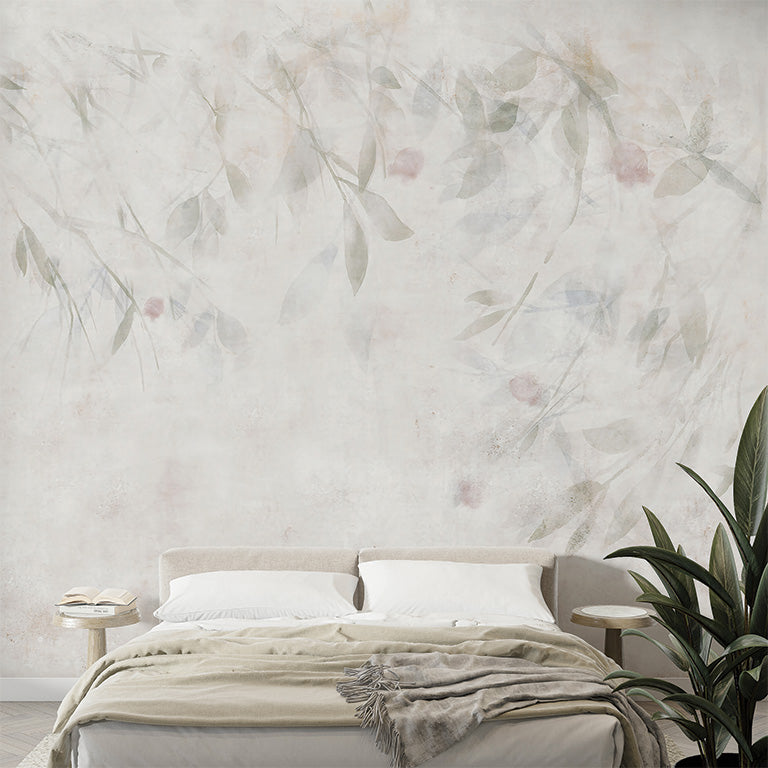 A delicate, soft watercolor mural featuring subtle leaves and branches in muted pastel tones. The design creates a dreamy, ethereal ambiance with its gentle, washed-out appearance against a light, textured background.