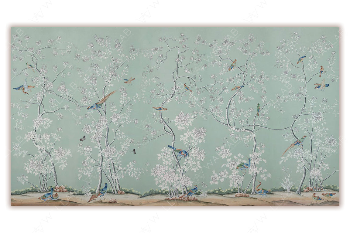 A serene depiction of a lush natural landscape with delicate flowering trees against a soft green background. Vibrantly colored birds are perched and in flight, adding movement and life to the scene. The intricate detailing of the flora and fauna creates an elegant and tranquil atmosphere.