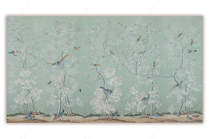 A serene depiction of a lush natural landscape with delicate flowering trees against a soft green background. Vibrantly colored birds are perched and in flight, adding movement and life to the scene. The intricate detailing of the flora and fauna creates an elegant and tranquil atmosphere.