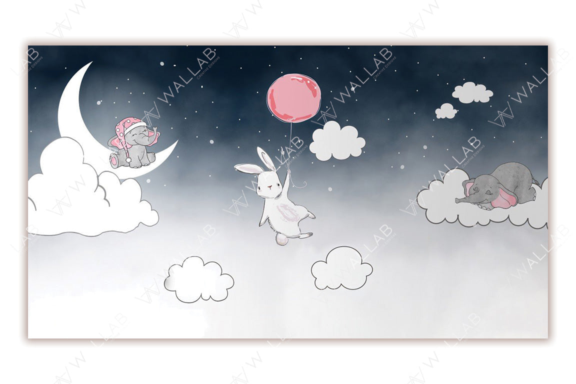 This whimsical illustration features a dreamy night sky with a rabbit holding a red balloon, floating among clouds, a crescent moon, and twinkling stars. Nearby, a playful elephant sits on the moon while another sleeps on a cloud. The soft, dark-to-light gradient background adds a serene, magical feel to the scene, perfect for children's decor or storytelling.