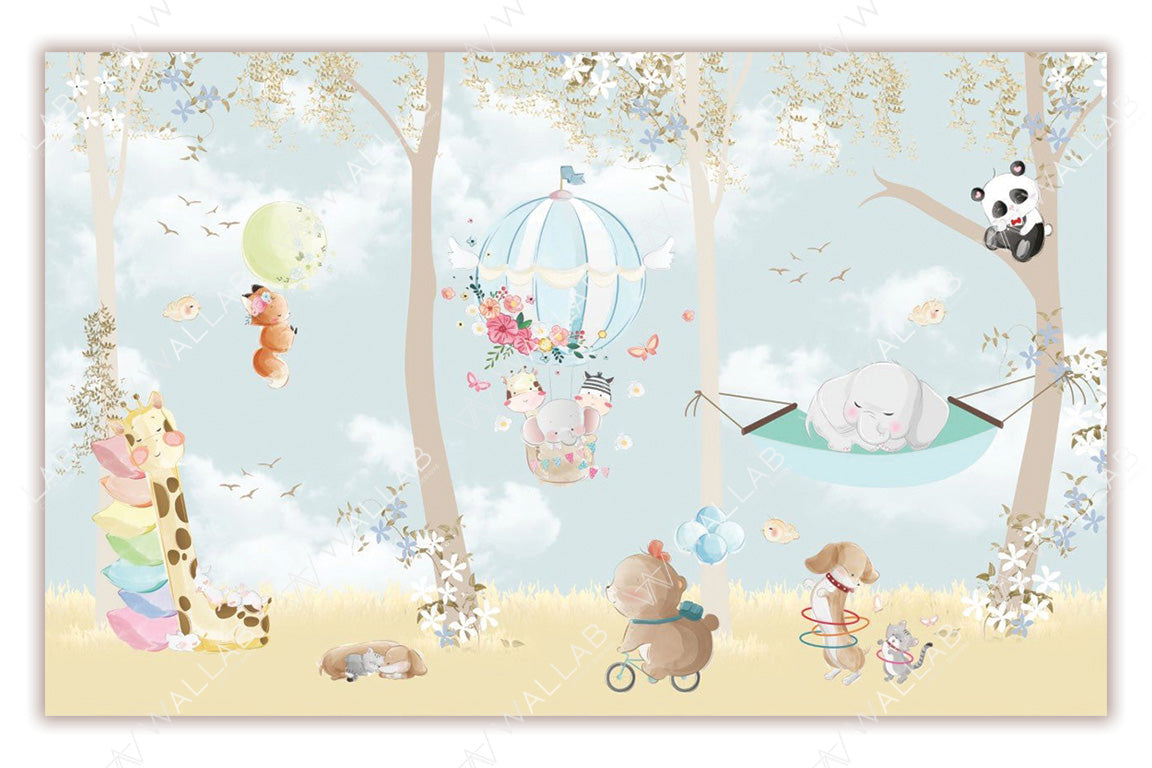 This charming illustration features a playful forest scene with adorable animals engaged in whimsical activities. A hot air balloon adorned with flowers carries smiling animals, while an elephant naps in a hammock between trees. Surrounding the scene are other animals enjoying themselves, including a bear on a unicycle and a giraffe with a colorful stack of cushions. The soft pastel colors and gentle details create a magical, serene atmosphere perfect for children’s decor.