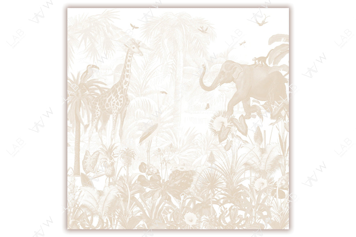  Kids wallpaper. A detailed, monochrome illustration of an exotic jungle scene, featuring a giraffe, an elephant, and lush tropical plants. The composition is filled with intricate foliage, birds, and other wildlife, creating a serene and immersive safari ambiance.