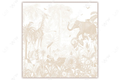  Kids wallpaper. A detailed, monochrome illustration of an exotic jungle scene, featuring a giraffe, an elephant, and lush tropical plants. The composition is filled with intricate foliage, birds, and other wildlife, creating a serene and immersive safari ambiance.