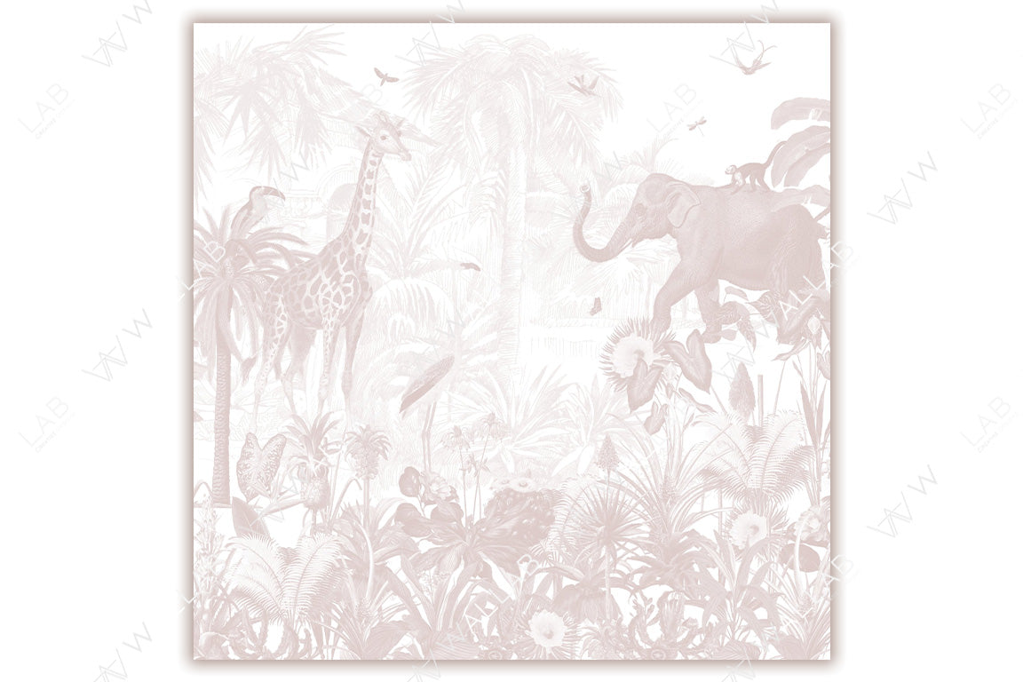 Kids wallpaper. A detailed, monochrome illustration of an exotic jungle scene, featuring a giraffe, an elephant, and lush tropical plants. The composition is filled with intricate foliage, birds, and other wildlife, creating a serene and immersive safari ambiance.