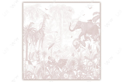 Kids wallpaper. A detailed, monochrome illustration of an exotic jungle scene, featuring a giraffe, an elephant, and lush tropical plants. The composition is filled with intricate foliage, birds, and other wildlife, creating a serene and immersive safari ambiance.