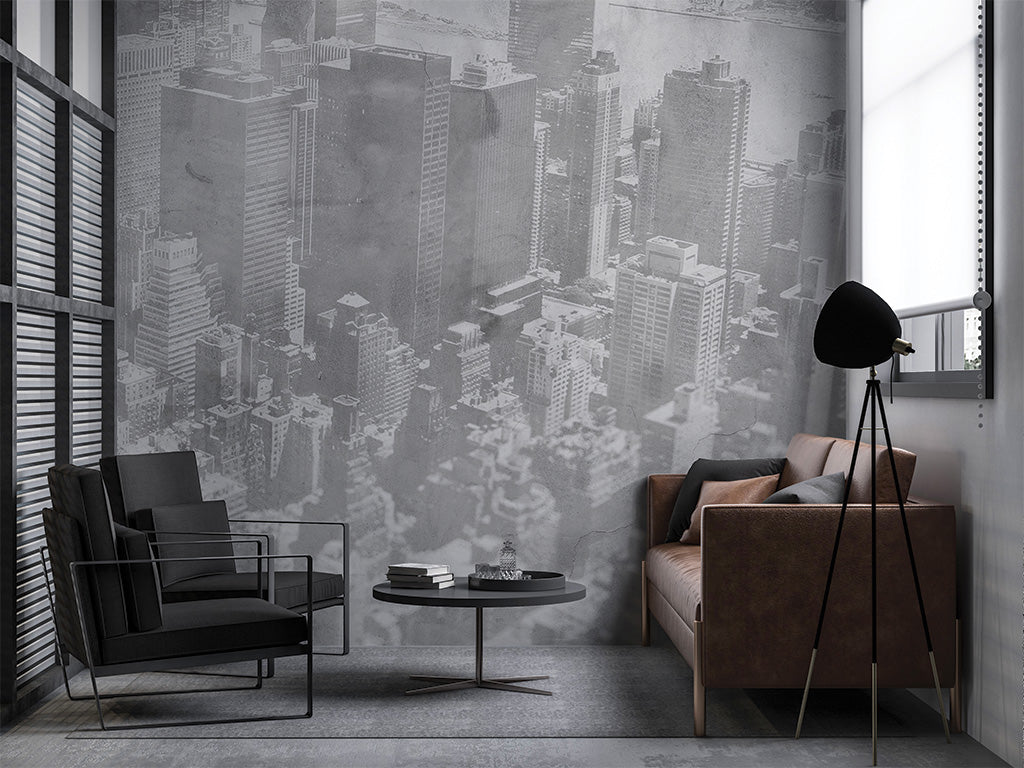 A monochromatic cityscape with densely packed skyscrapers rendered in soft tones. The buildings blend seamlessly into one another, creating a layered and slightly foggy effect, evoking an urban atmosphere with a modern, minimalist touch. The grayscale palette adds a sophisticated and timeless appeal, ideal for contemporary decor.