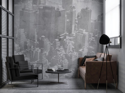 A monochromatic cityscape with densely packed skyscrapers rendered in soft tones. The buildings blend seamlessly into one another, creating a layered and slightly foggy effect, evoking an urban atmosphere with a modern, minimalist touch. The grayscale palette adds a sophisticated and timeless appeal, ideal for contemporary decor.