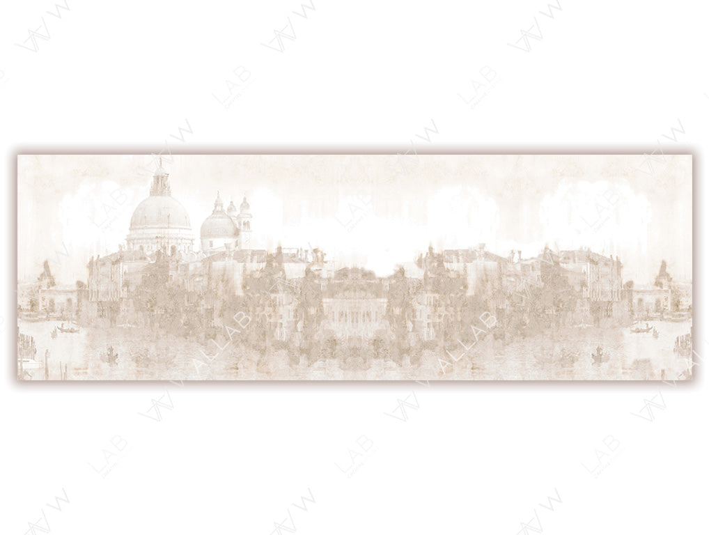 A mural featuring a soft, watercolor-style depiction of a Venetian cityscape with domed architecture and historic buildings along the water. The muted tones create an elegant, timeless atmosphere, perfect for adding a subtle touch of European charm to interiors.