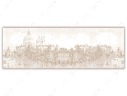 A mural featuring a soft, watercolor-style depiction of a Venetian cityscape with domed architecture and historic buildings along the water. The muted tones create an elegant, timeless atmosphere, perfect for adding a subtle touch of European charm to interiors.