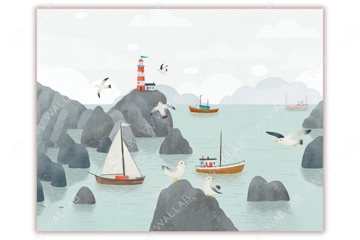 This whimsical illustration depicts a seaside scene with rocky cliffs, a red-and-white striped lighthouse perched on a rocky outcrop, and various boats floating in calm teal waters. Seagulls are scattered across the rocks and sky, adding to the coastal charm, while soft clouds create a serene atmosphere.