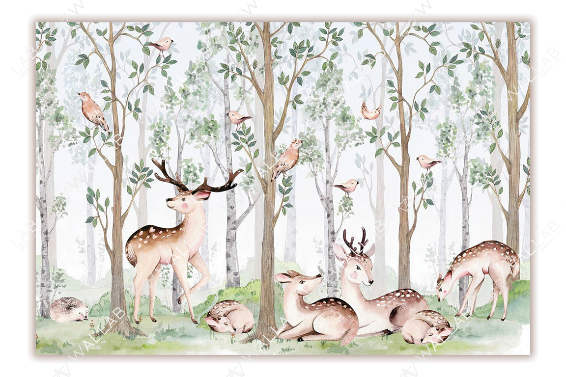 Enchanting illustration features a serene forest scene with deer lounging and grazing amidst slender trees with green foliage. Birds perched on branches add to the peaceful atmosphere, and a hedgehog rests quietly on the ground nearby. The soft watercolor style and natural tones evoke a sense of calm and connection with nature, perfect for whimsical or woodland-themed designs.