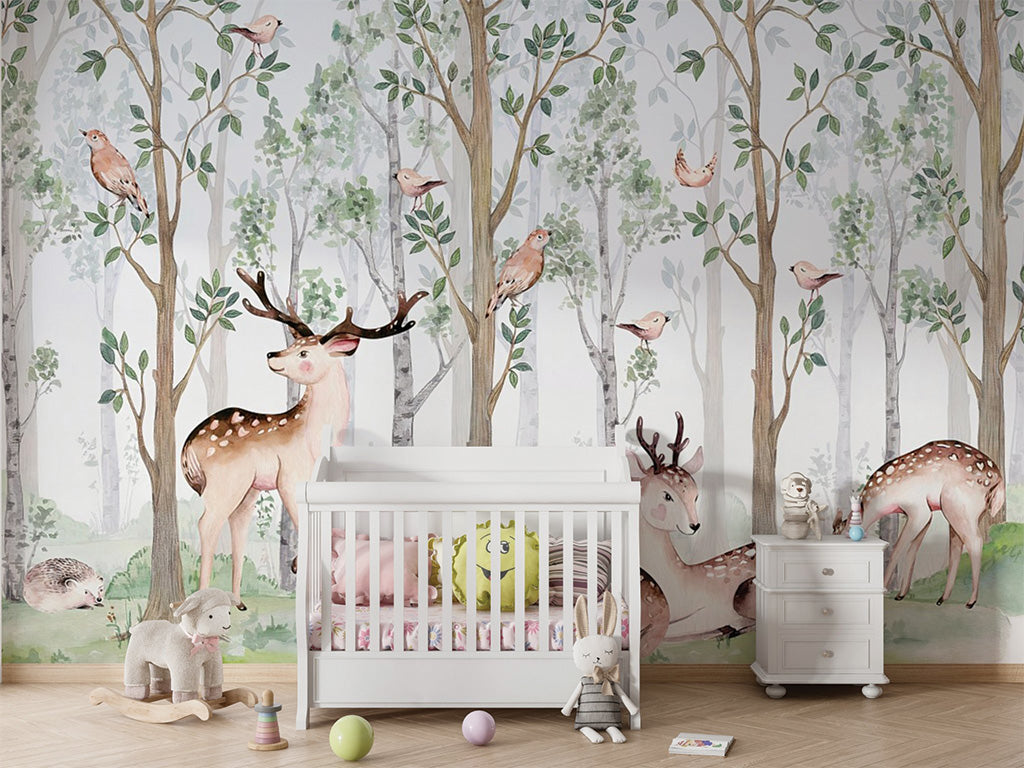 Enchanting illustration features a serene forest scene with deer lounging and grazing amidst slender trees with green foliage. Birds perched on branches add to the peaceful atmosphere, and a hedgehog rests quietly on the ground nearby. The soft watercolor style and natural tones evoke a sense of calm and connection with nature, perfect for whimsical or woodland-themed designs.