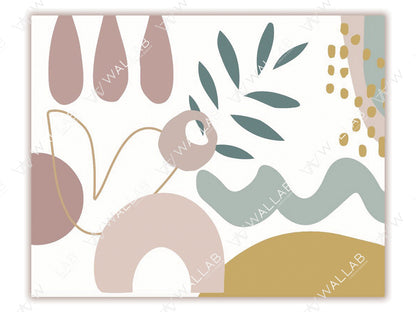 This abstract illustration features a neutral-toned palette with soft beige, muted greens, and warm gold. The design incorporates organic shapes, flowing lines, and minimalist leaves, creating a modern and calming aesthetic.
