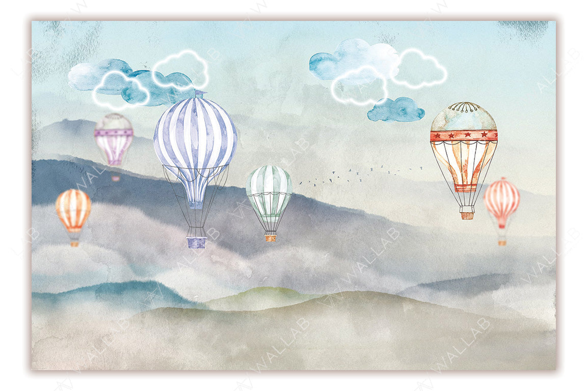 A dreamy watercolor illustration of hot air balloons floating gracefully over soft, misty hills. The balloons come in various pastel shades with delicate patterns, and fluffy clouds add a whimsical touch to the sky. Ideal for use in children’s decor, fantasy-themed designs, or serene travel-related visuals.