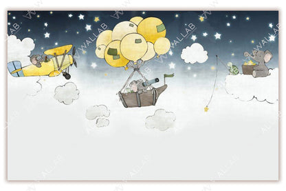 a whimsical nighttime scene with elephants engaging in playful activities among the clouds. One elephant pilots a yellow airplane, while another rides in a hot air balloon basket carried by yellow balloons. Nearby, an elephant on a cloud fishes for stars. The dark blue sky, dotted with stars, and the soft pastel colors create a dreamy, imaginative atmosphere perfect for children's decor.