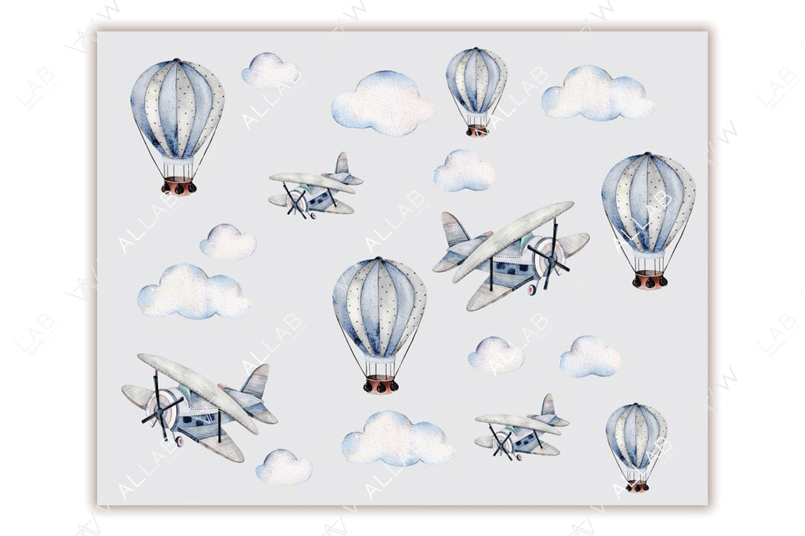a whimsical pattern of vintage airplanes and hot air balloons in shades of blue and white, floating amongst soft, fluffy clouds. The hand-drawn watercolor style gives the design a nostalgic and playful feel, perfect for a dreamy or travel-themed aesthetic. The repeating elements create a charming, serene atmosphere.
