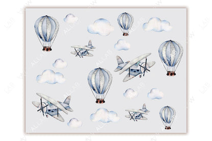 a whimsical pattern of vintage airplanes and hot air balloons in shades of blue and white, floating amongst soft, fluffy clouds. The hand-drawn watercolor style gives the design a nostalgic and playful feel, perfect for a dreamy or travel-themed aesthetic. The repeating elements create a charming, serene atmosphere.