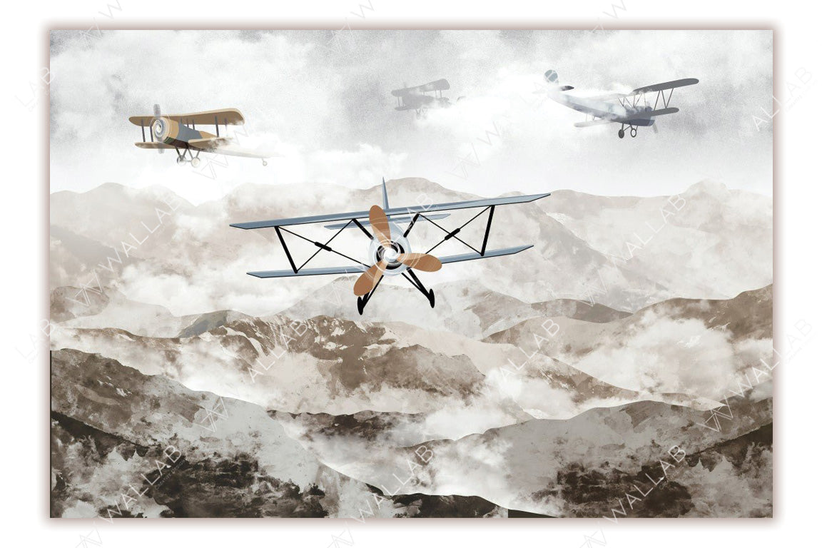 This captivating image showcases vintage biplanes soaring over rugged mountain ranges, framed by soft clouds and a dreamy sky. The leading biplane with a wooden propeller is depicted in sharp detail, while others appear hazy in the background, adding depth and movement. A nostalgic representation of early aviation against a stunning natural backdrop.