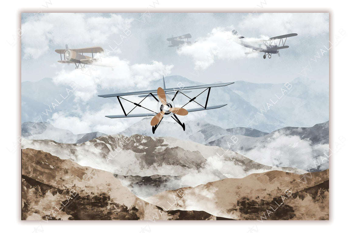 This captivating image showcases vintage biplanes soaring over rugged mountain ranges, framed by soft clouds and a dreamy sky. The leading biplane with a wooden propeller is depicted in sharp detail, while others appear hazy in the background, adding depth and movement. A nostalgic representation of early aviation against a stunning natural backdrop.